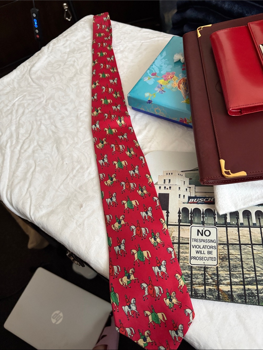 Hermes Red Silk Tie with Equestrian Rider Print